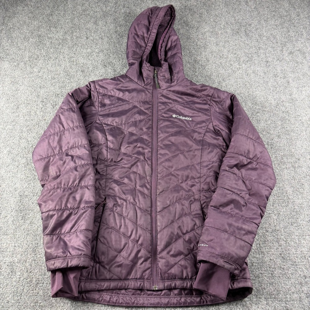 Columbia Puffer Jacket Womens Small Purple Omni-Heat Quilted Fleece Hooded Coat
